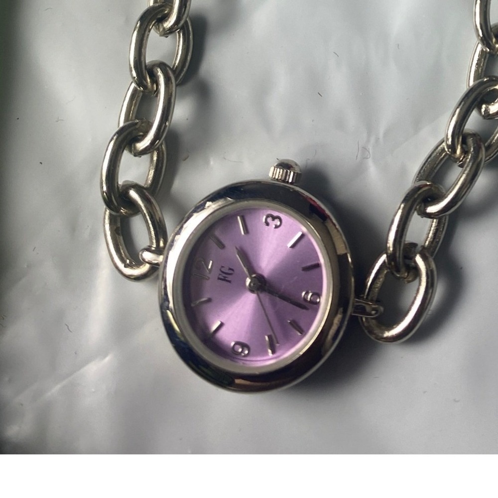FG Silver Tone Chain Link Watch Purple Iridescent Sequin Paillette Charms 8 Inch
